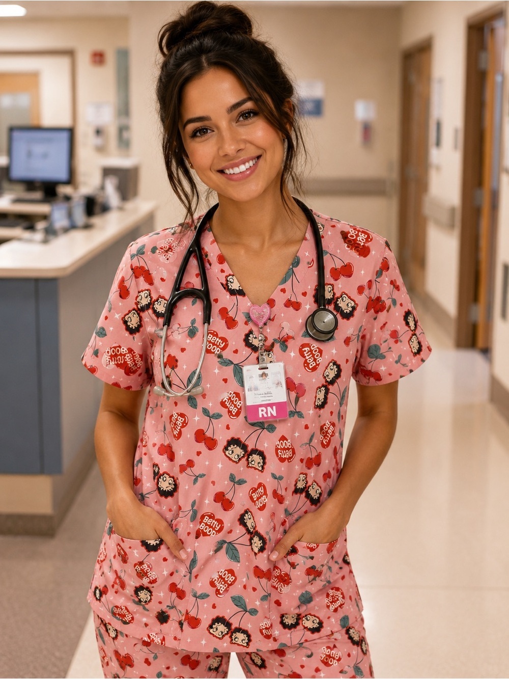 BETTY BOOP V-Neck Medical Scrub Top - Cute Cherry Print - Picture 1 of 9